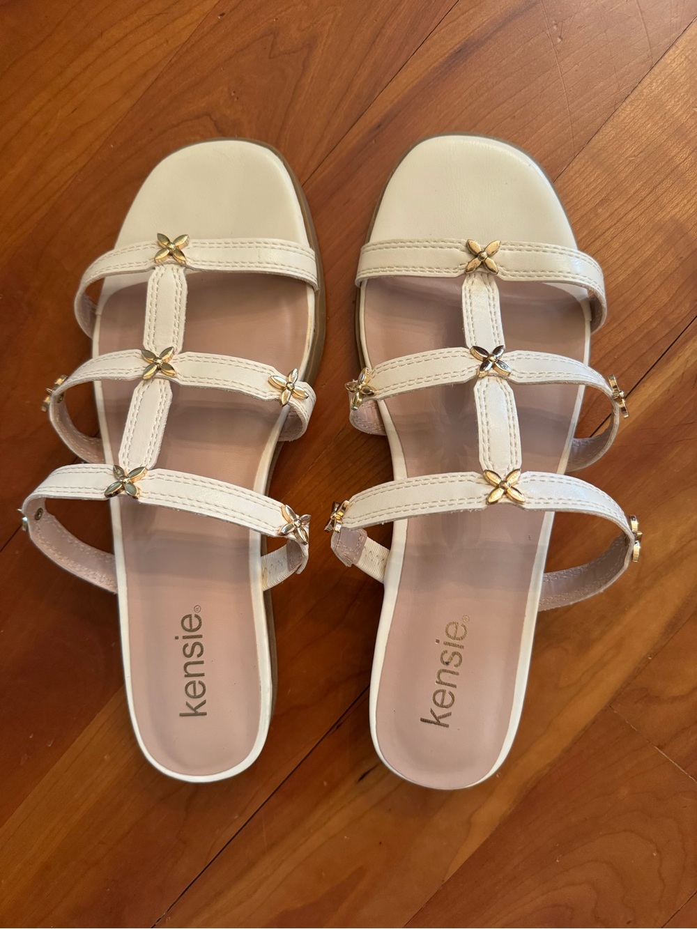 Kensie Cream Strappy Slide Sandals with Gold Floral Studs